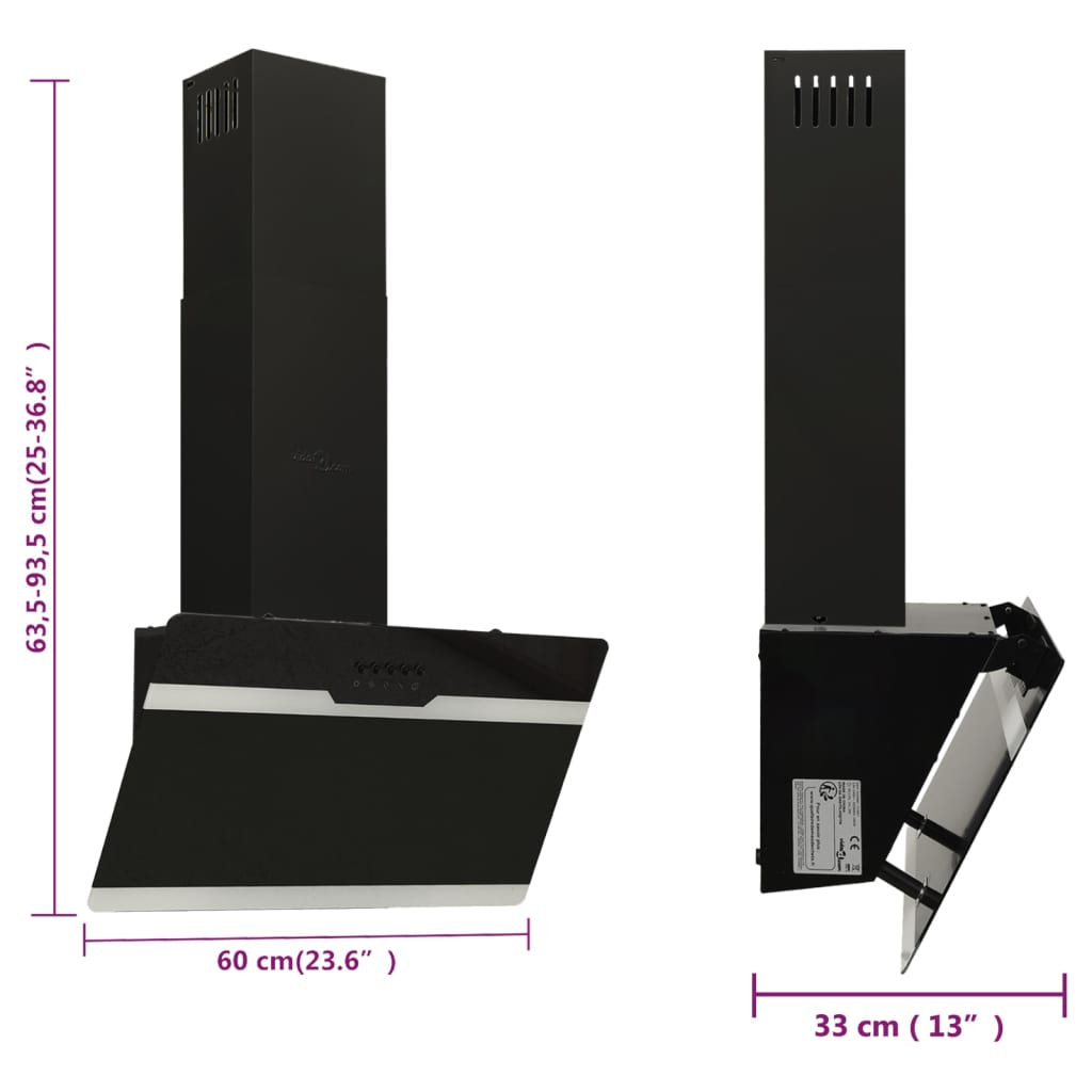 Wandafzuigkap 60 cm staal en gehard glas zwart