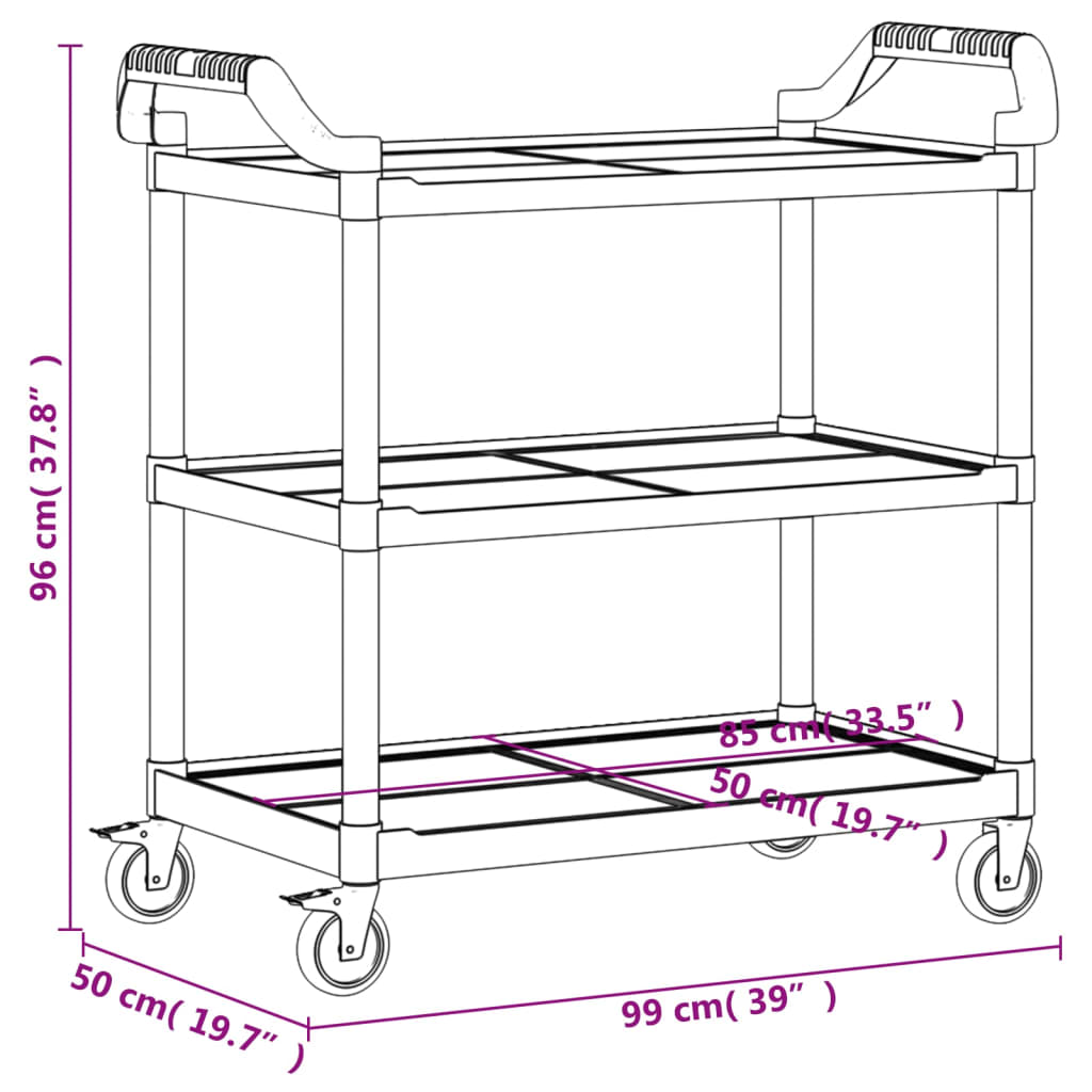 Trolley 3-laags 99x50x96 cm aluminium grijs