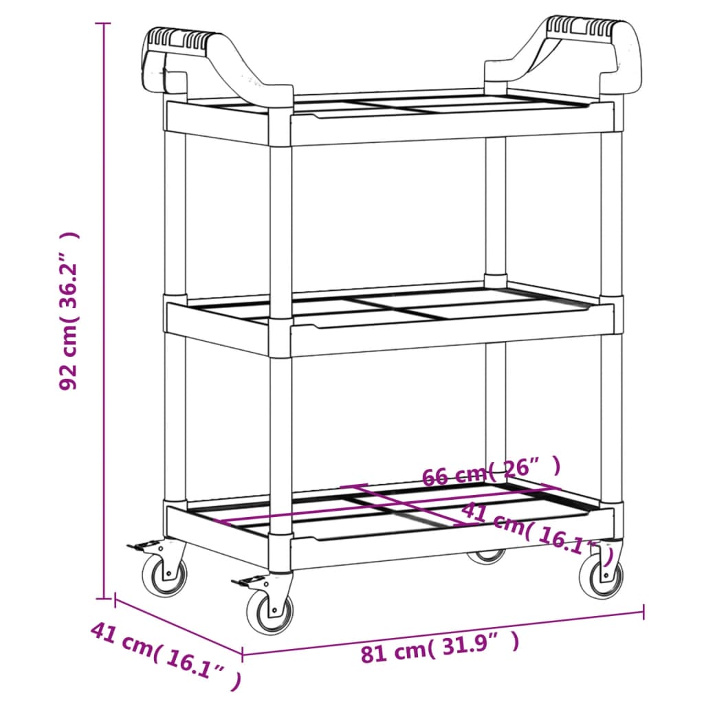 Trolley 3-laags 81x41x92 cm aluminium zwart