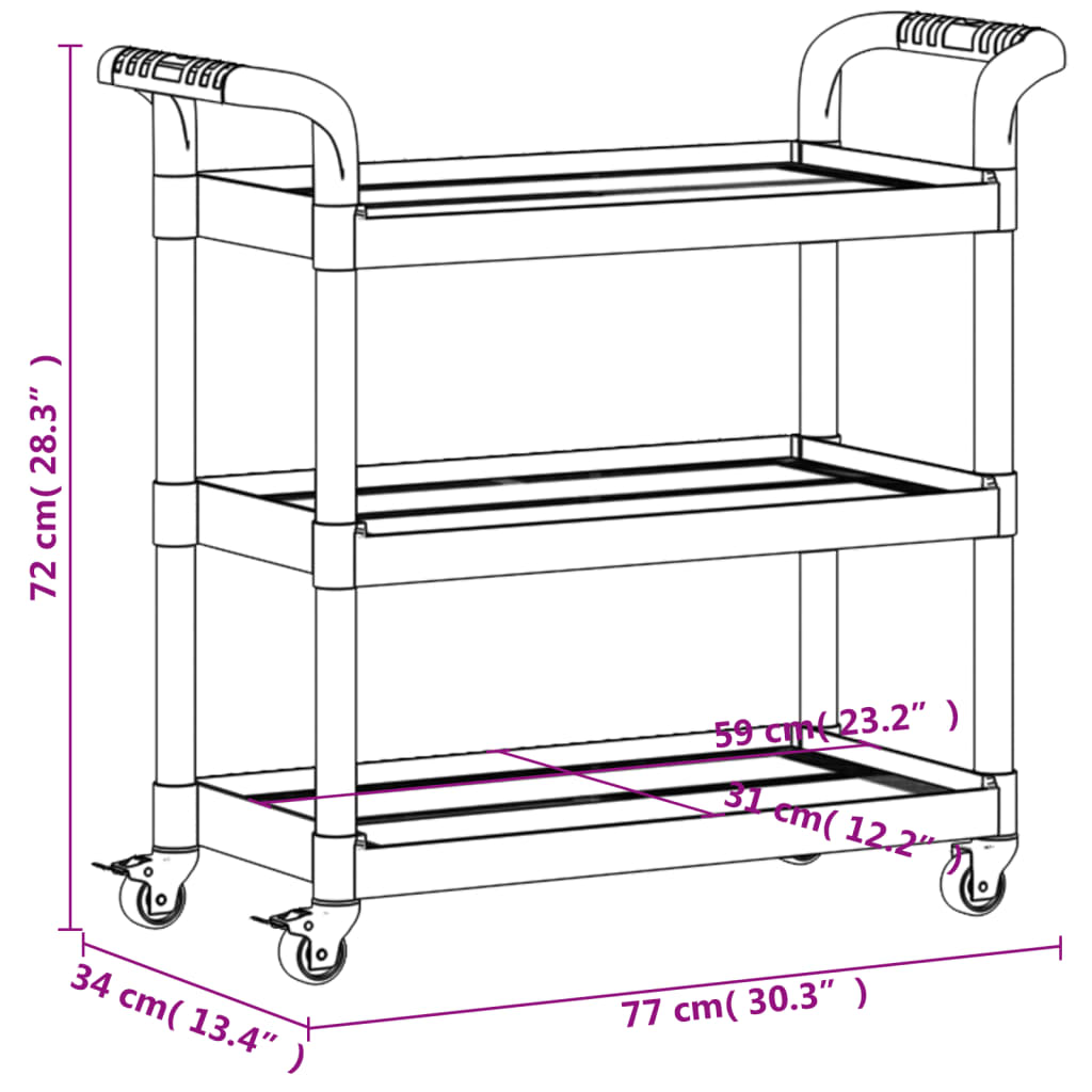 Trolley 3-laags 77x34x72 cm aluminium zwart