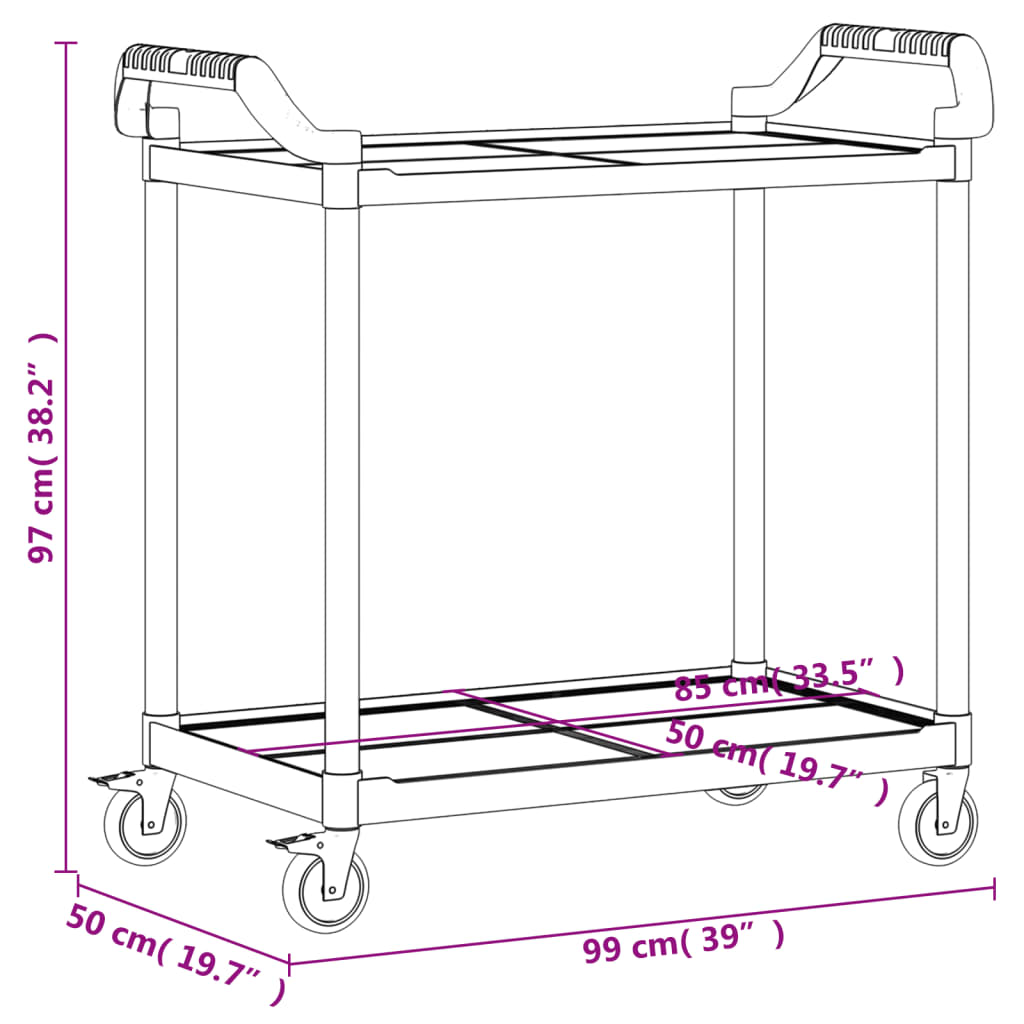 Trolley 2-laags 99x50x97 cm aluminium zwart