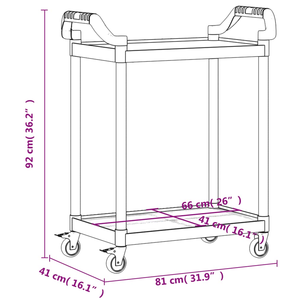 Trolley 2-laags 81x41x92 cm aluminium zwart